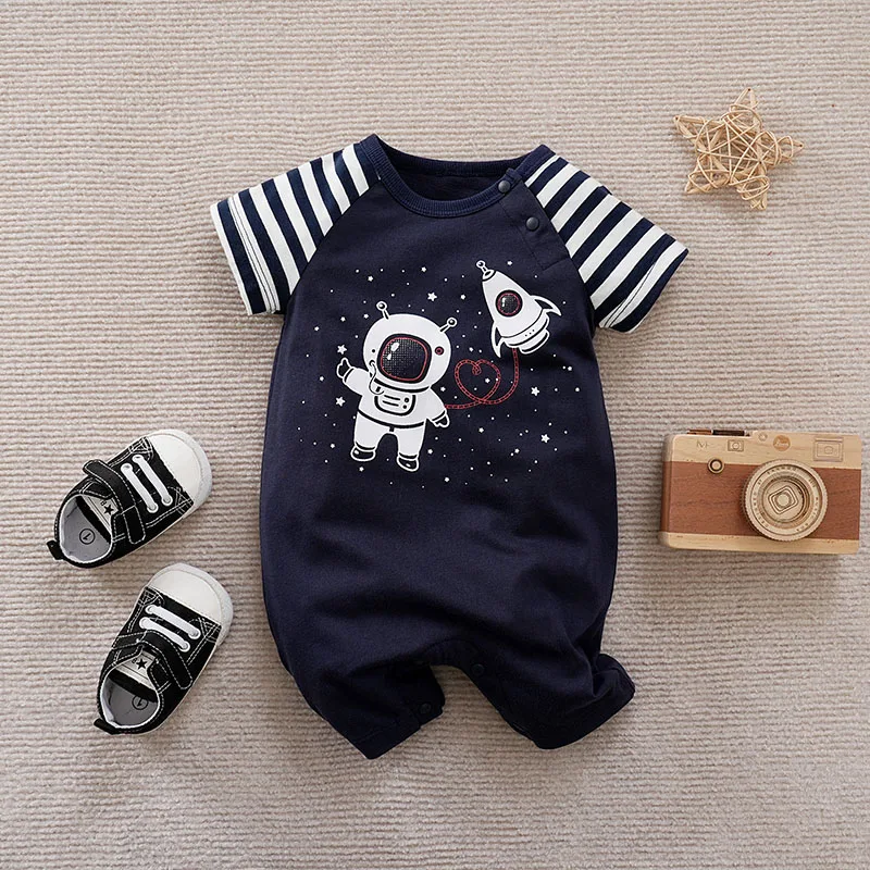 Baby Boy Romper Summer Astronaut Print Striped Short Sleeve Jumpsuit Newborn Infant Casual One Piece Outfit Kids Clothes 0-18M