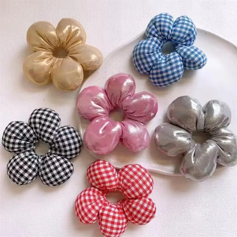 1 Stück Haargummis in Blumenform, kariert, Denim, glänzend, weicher Stoff für den täglichen Gebrauch, Partys, Schule, Mädchen, Haarstyling – Detail 8
