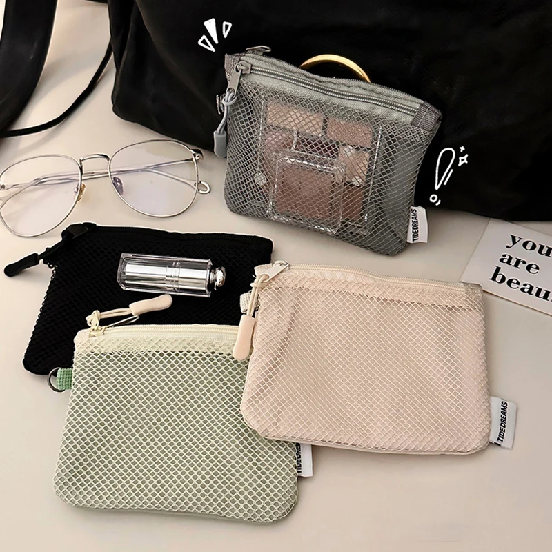 Makeup Storage Bag Travel Mesh Coin Purse Portable Mini Multi Purpose Square Double Layer Zipper Card Holder Organizer1
