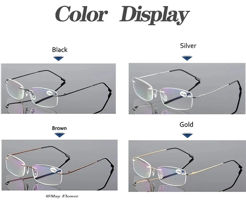 Blaues Licht blockierendes Vintage-Quadrat, rahmenloses Brillengestell für Herren und Damen, ultraleichte Lesebrille, randlose Brillengestelle – Detail 8