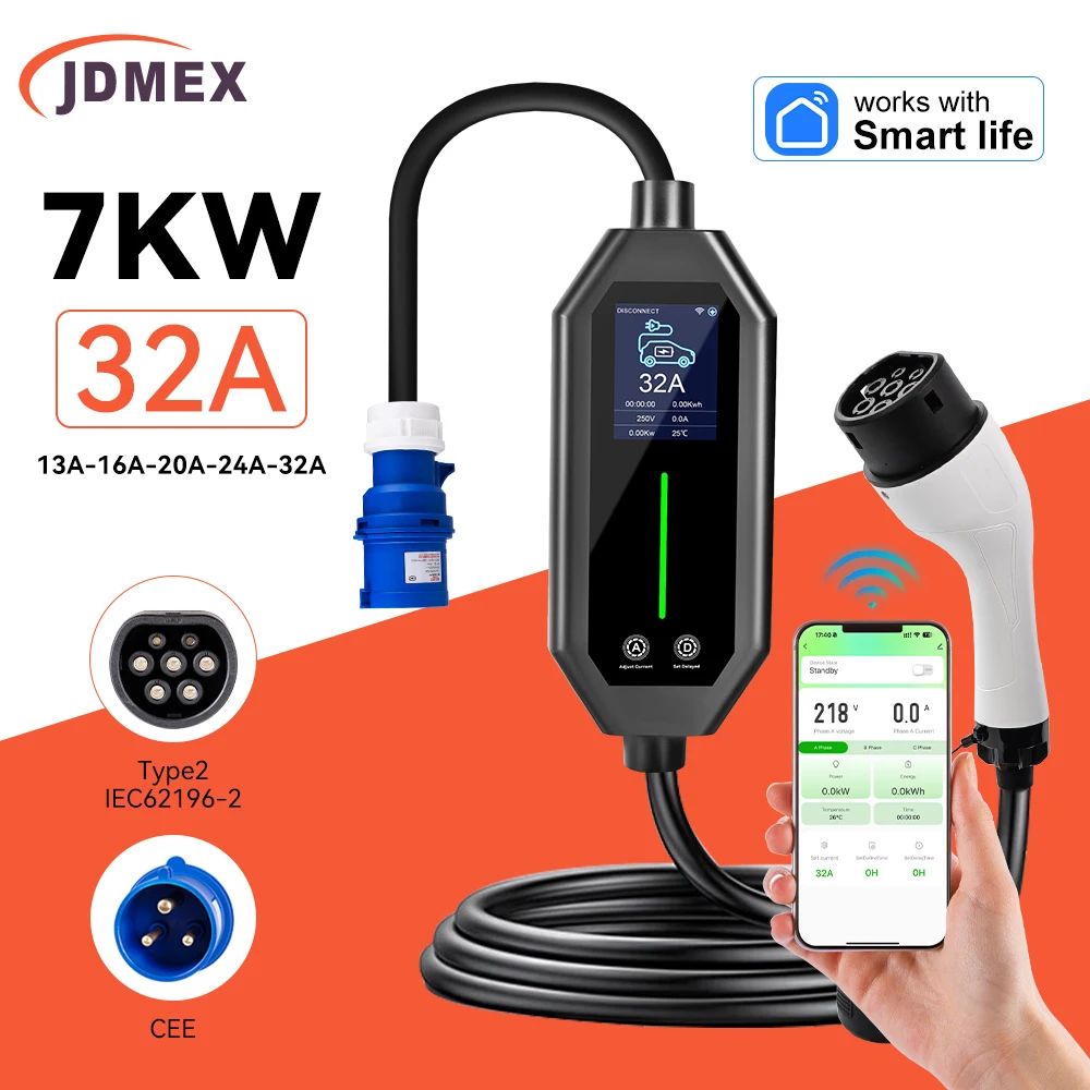 Image of JDMEX 7KW Tragbares EV-Ladegerät Typ 2 13-32A Einstellbarer Strom Smart Life APP-Steuerung Elektrofahrzeug-Ladestation 5M Kabel