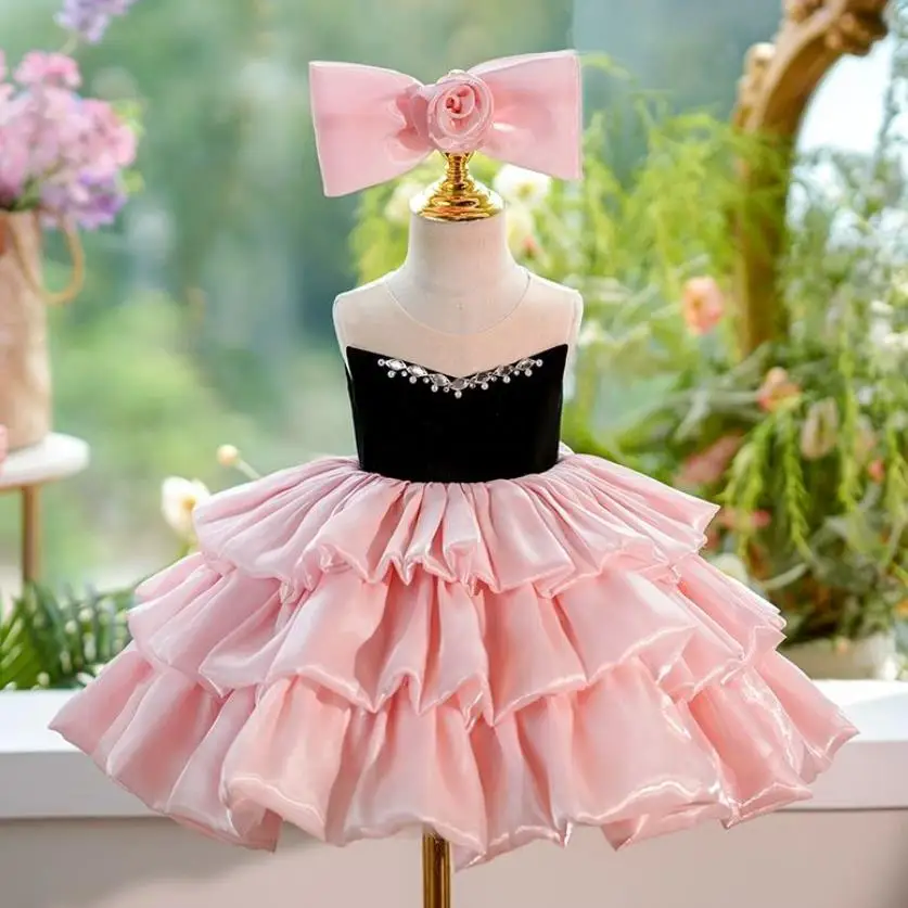 

Children's Pink Evening Gown Host Piano Performance Wedding Birthday Party Flower Girl Dresses A4195 Bridesmaid Dresses