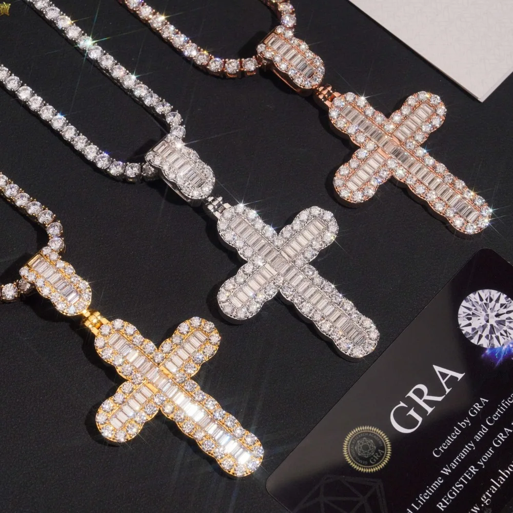 

S925 Silver D Color Baguette Cut Moissanite Cross Pendant Hiphop Rock Men Jewlery Mosan Diamond Party Pendant Pass Tester & Gra