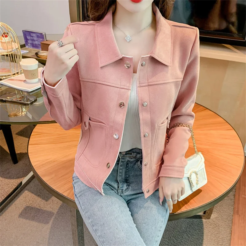 Spring Autumn Short Suede Jacket Women 2024 New Loose Lapel Coat Pure Colour Covered Button Outerwear Fashion Pocket Top Female