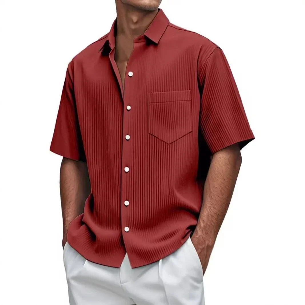 

2025 Summer New Men Solid Color Loose Comfortable Top Versatile Vertical Stripe Short Sleeve Male Button Up Shirt