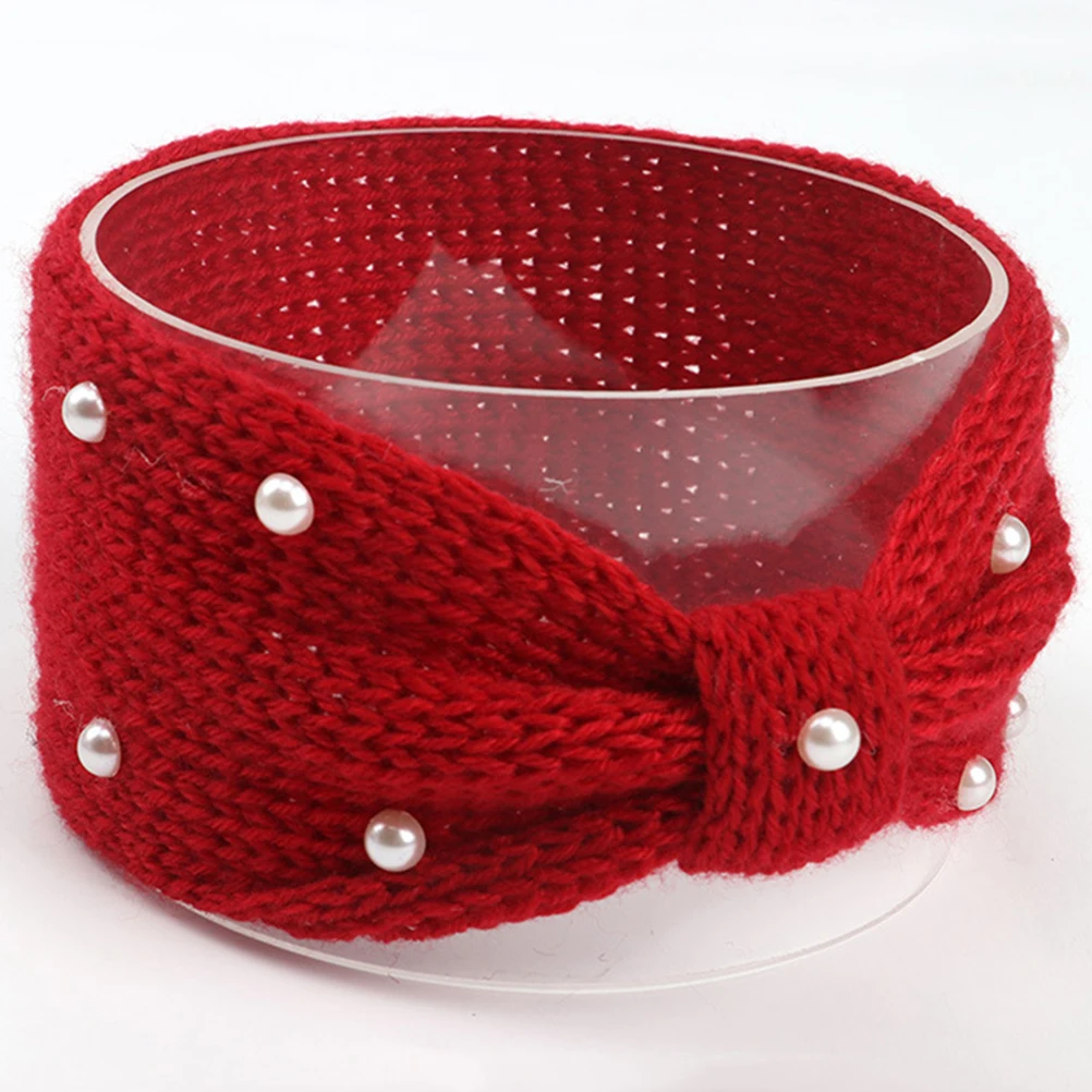 

Knit Woolen Headband Pearl Decor Headdress Bowknot Winter Headwraps for Women Maroon Cozy Crochet Knit Hair Band Perfect Gift