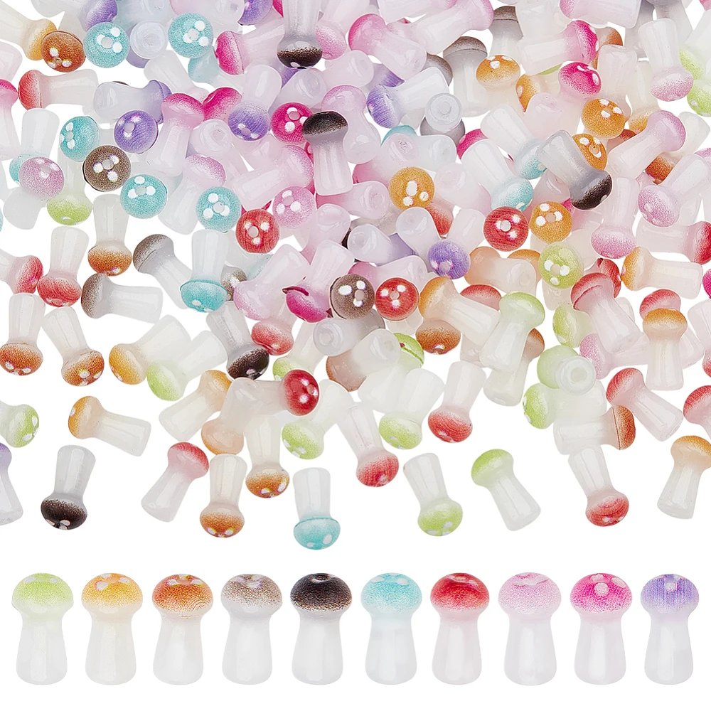300Pcs 10 Colors Mushroom Beads 8x4.5mm Opaque Glass Mushroom Bead Charms Center Drilled Glass Food Spacer Loose Charms