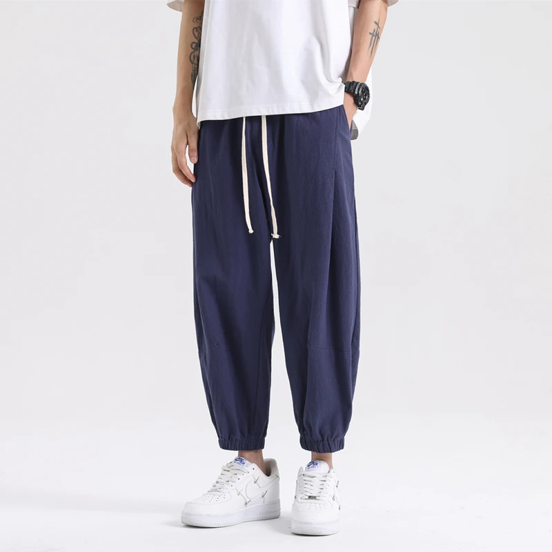 2024 New Men's Fashion Casual Solid Color Cotton Linen Loose Nine-minute Pants