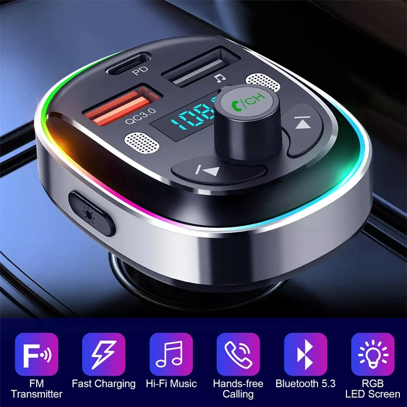 

Car Hands-free Bluetooth 5.3 FM Transmitter PD30W QC3.0 Car Kit MP3 Modulator Player Handsfree Audio Receiver 2 USB Fast Charger