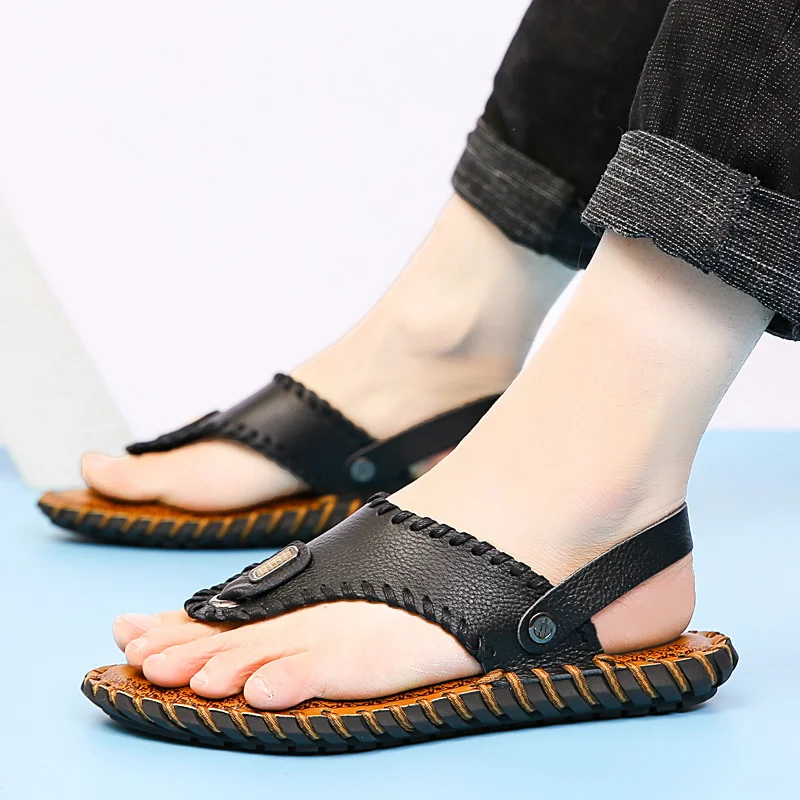 Men's Rope Brown Sandals Leather 2022 Summer New Fashion Trend Anti Slip Flip Flops Slippers Platform Shose Men Casual Outdoor