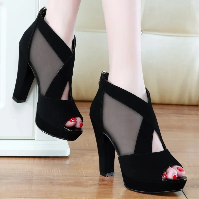 2024 New Summer Women High Heel Shoes Mesh Breathable Pomps Zip Pointed Toe Sexy Wedding Party Zapatillas Mujer Square Heel