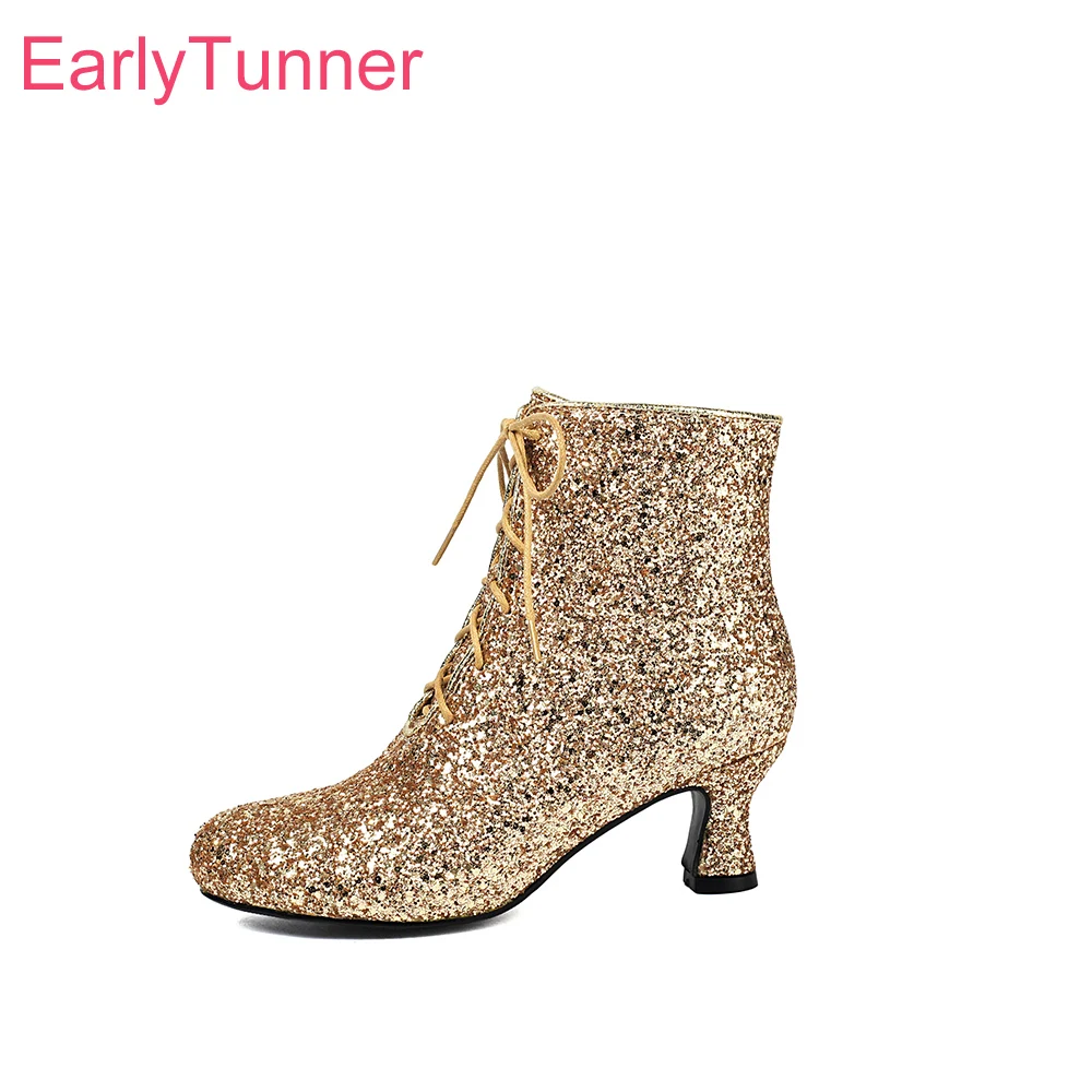 

2025 New Winter Glossy Gold Silver Women Ankle Boots Lace up High Heel Lady Dress Shoes Plus Big Size 11 43 45