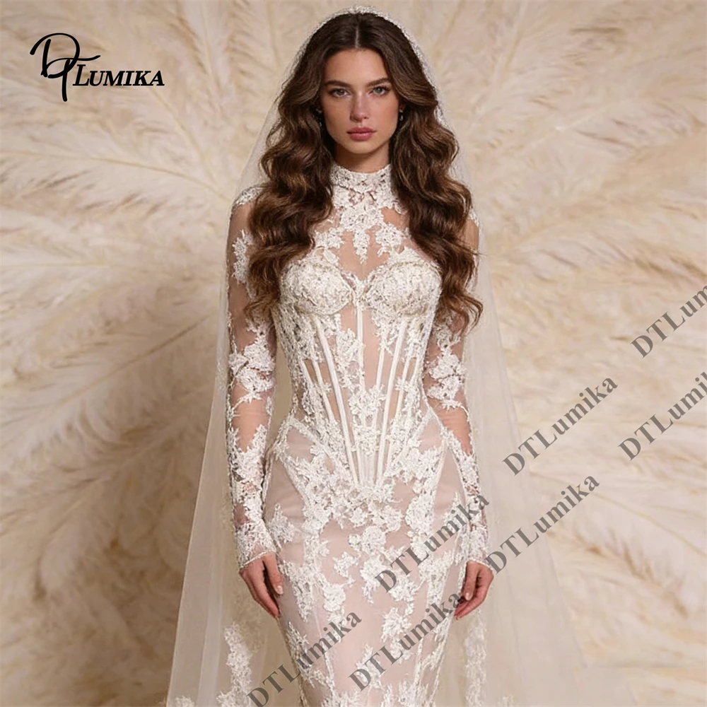 

Women Lace Mermaid Wedding Dress High Neck Long Sleeves Sheer Corset Bodice Bride Dresses Tailored Fitting Bridal Gown