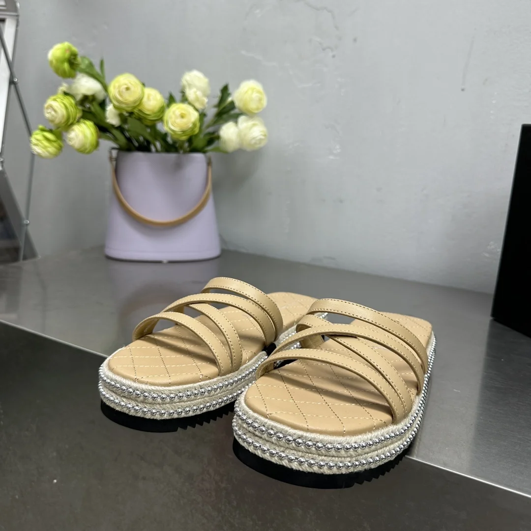 24 summer new fashion slippers, hemp rope weaving, sheepskin fabric, pearl collocation, Joker casual size35-40