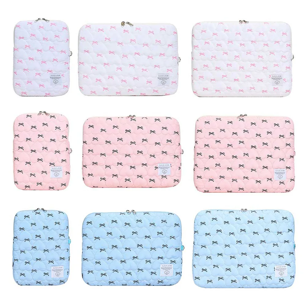 Flauschige gepolsterte Tasche mit Schleife, Stickerei, Plüsch, Laptoptasche, stoßfest, niedlich, gesteppt, Laptop-Hülle, Pendeln, Arbeit, Lerntasche