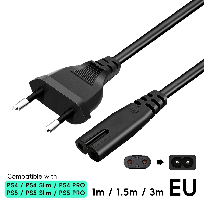 EU/US Power Supply Cable for PS5 PS4 Xbox Speaker Monitor 2-Prong AC Power Supply Cable Extension Cord for Samsung TV Computer