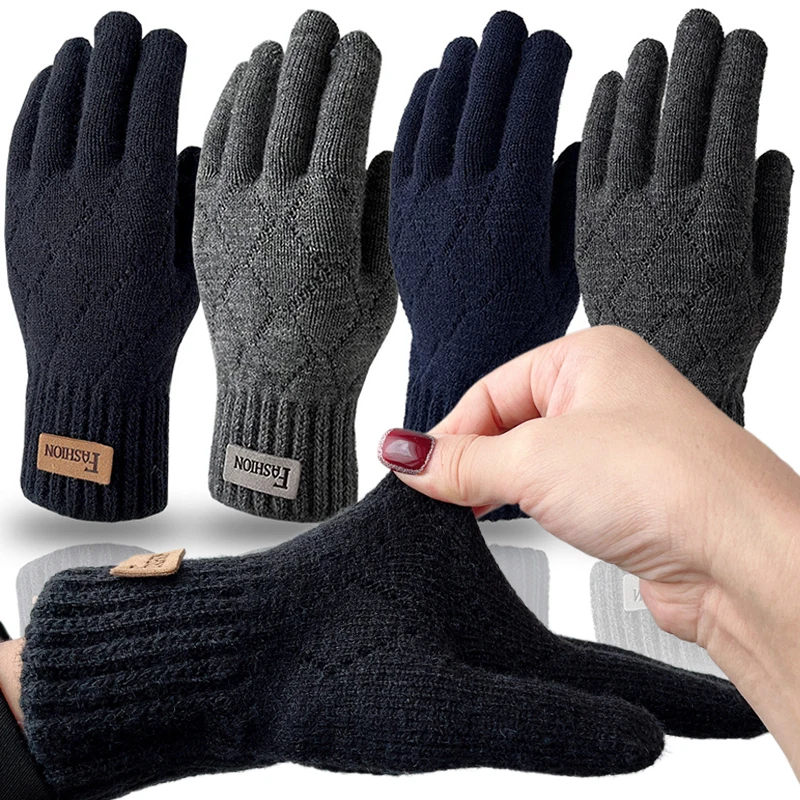 2024 Men Knitted Thick Thermal Full Finger Gloves Women Men Fashion Winter Outdoor Warm Wool Driving Gloves Touchscreen Mittens