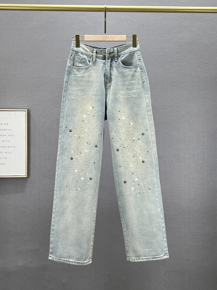 

High Waist Wide Leg Jeans Women's Thin Rhinestone Embellied Extended Length Spring Summer Faion Loose Slimming Jeans