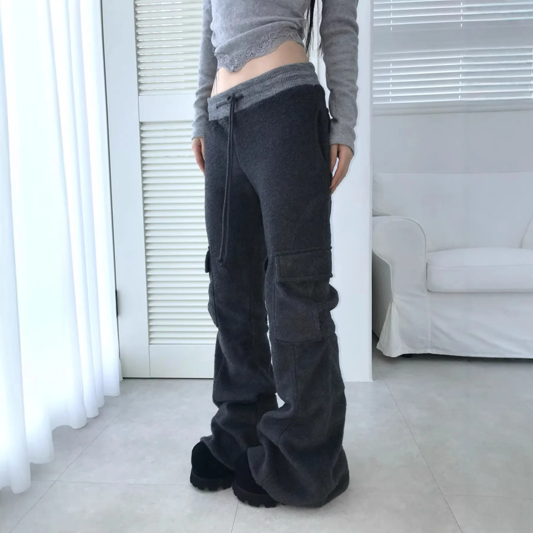 ONE TO WAN American Street Splicing Contrast Workwear Casual Knitted Pants Sexy Low Waist Spicy Girl Daily Pocket Women's Pants