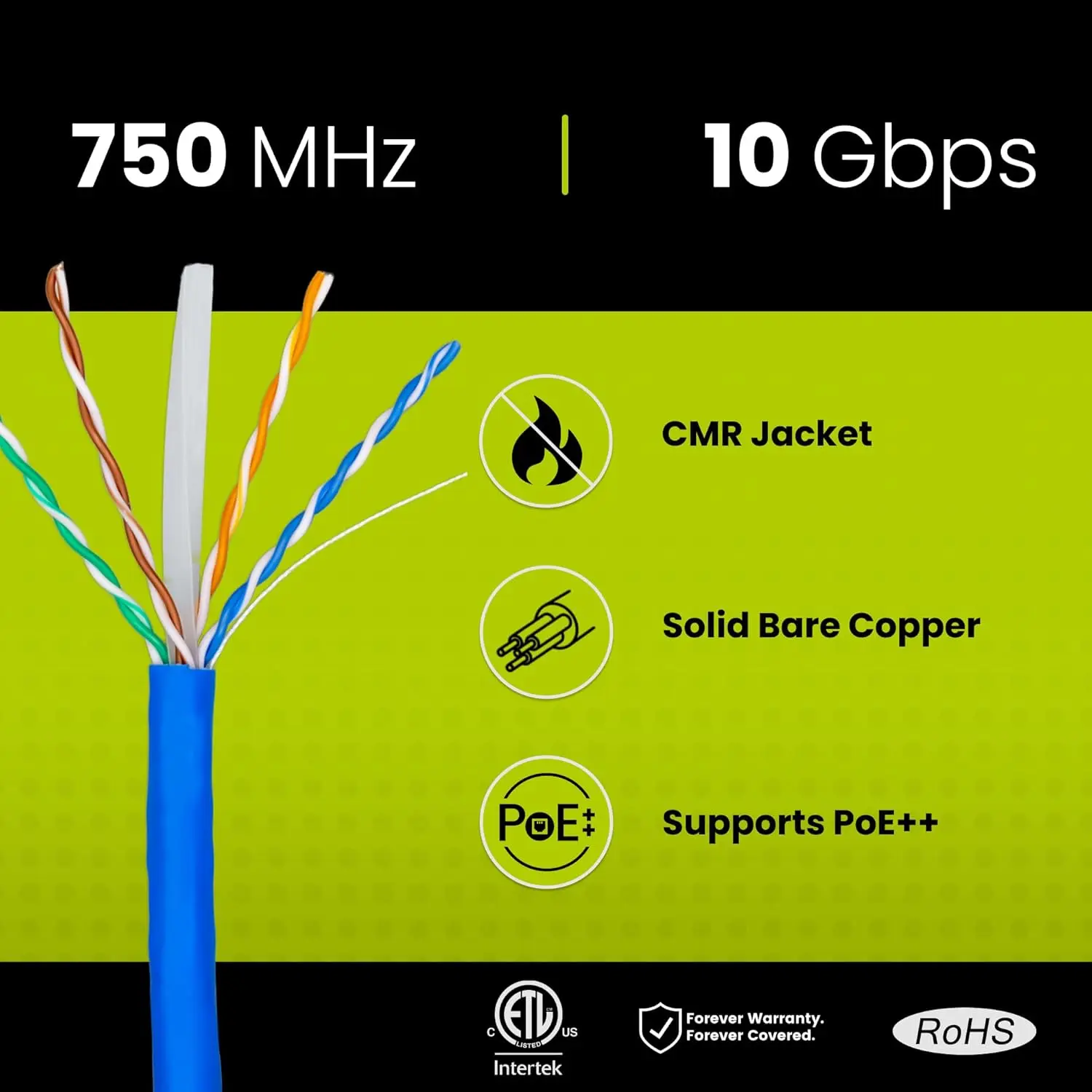 1000ft, Blue, 23AWG 4 Pair Solid Bare Copper, 750MHz, PoE++ (4PPoE), ETL Listed, Unshielded Twisted Pair (UTP)