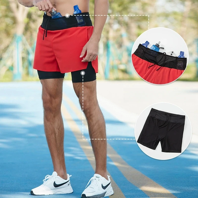 Double Deck Marathon Basketball Running Shorts Men Gym Wear Fitness Male Shorts Pocket Traning Jogging Workout Shorts Sportswear