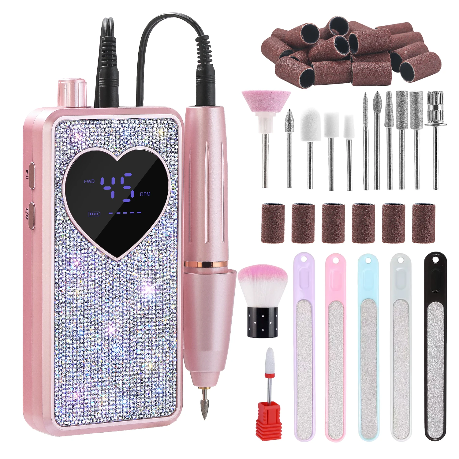 45000RPM Bling Rhinestone Rechargeable Electric Nail Drill, Heart LED Display Cordless Nail Polisher Manicure Kit, Includes Nail Drill Bits, Sanding Bands, Nail Brush, Nail Files, Type-C Cable, for Acrylic Gel Nail Removing Shaping Polishing