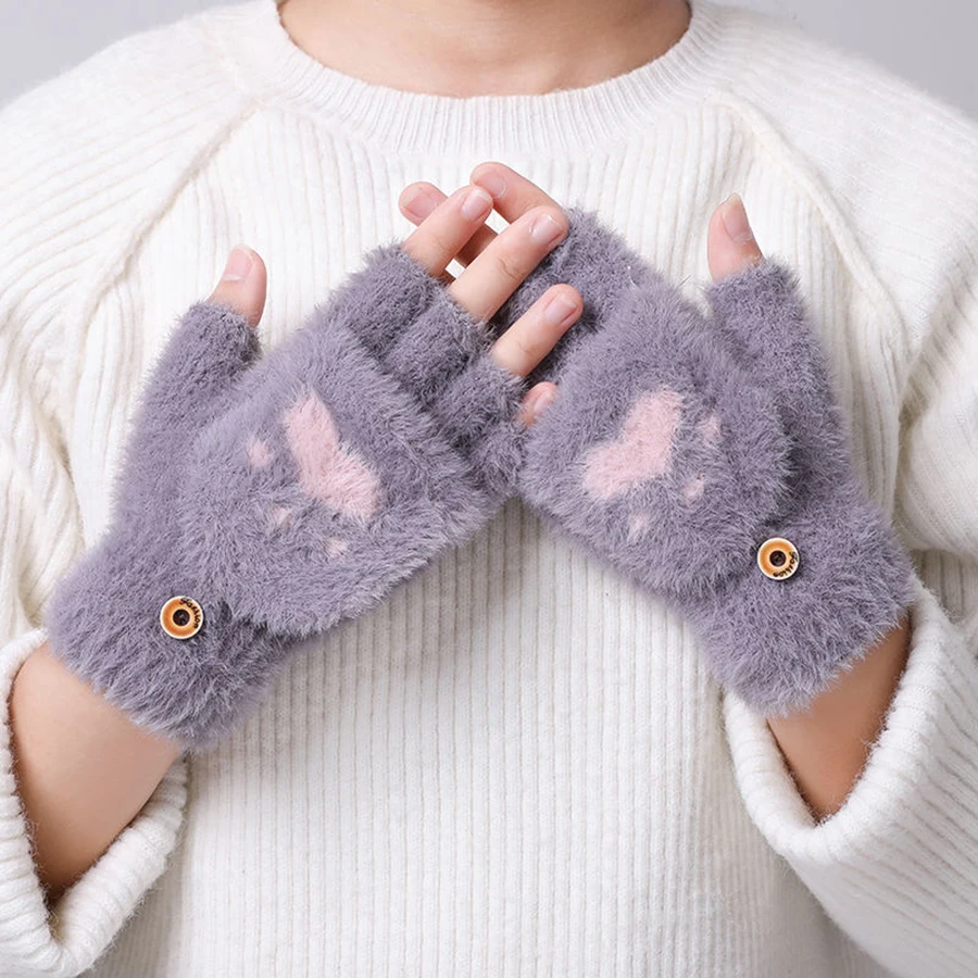 

1 Pair Cartoon Cat Paw Gloves Fingerless Flip Mittens Winter Warm Fleece Touch Screen Gloves Flip Knit Mittens For Women Girls