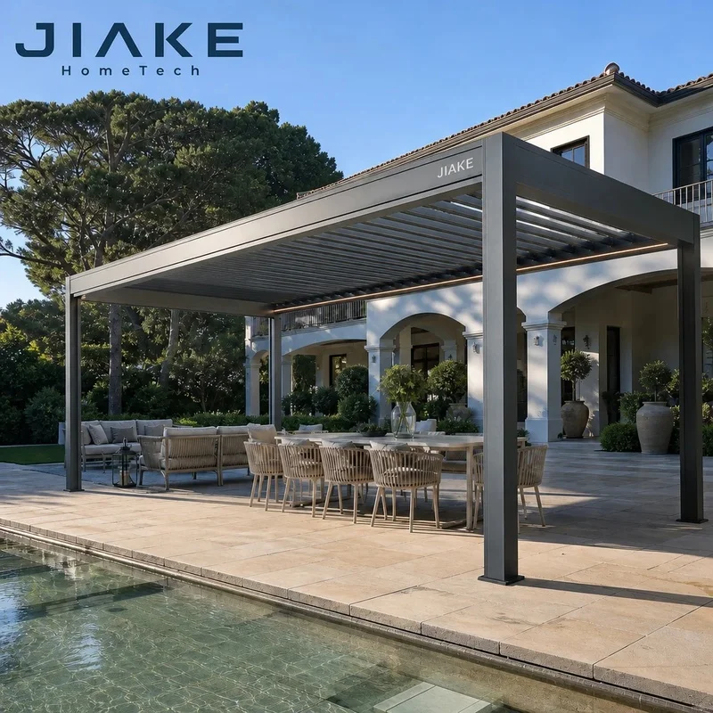 Newjiake Aluminum Motorized Louvered Roof Pergola Gazebo Durable Weather Resistant CE Certified Modern Design Backyard