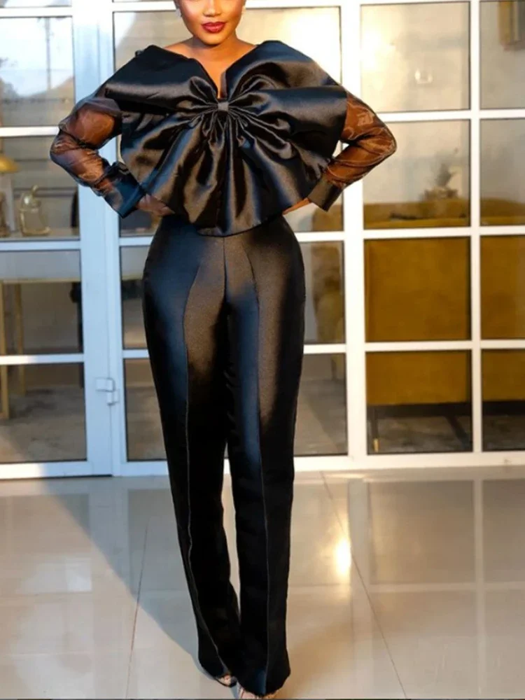 

Chic Women Shiny Black Jumpsuit Plus Size Sheer Long Sleeve Big Bow High Waist One Piece Rompers Outfit Summer Trendy Jumpsuits