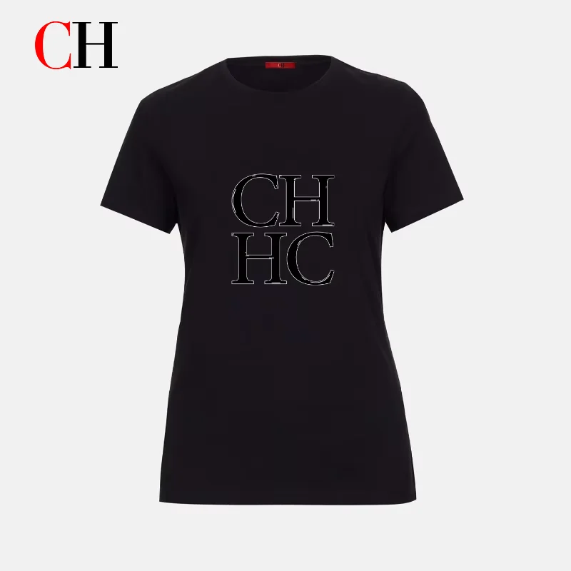 

CH Fashion Letter Printed Casual Blouse Solid Color Tone Crew Neck Loose Style Light Daily Women Short Sleeve