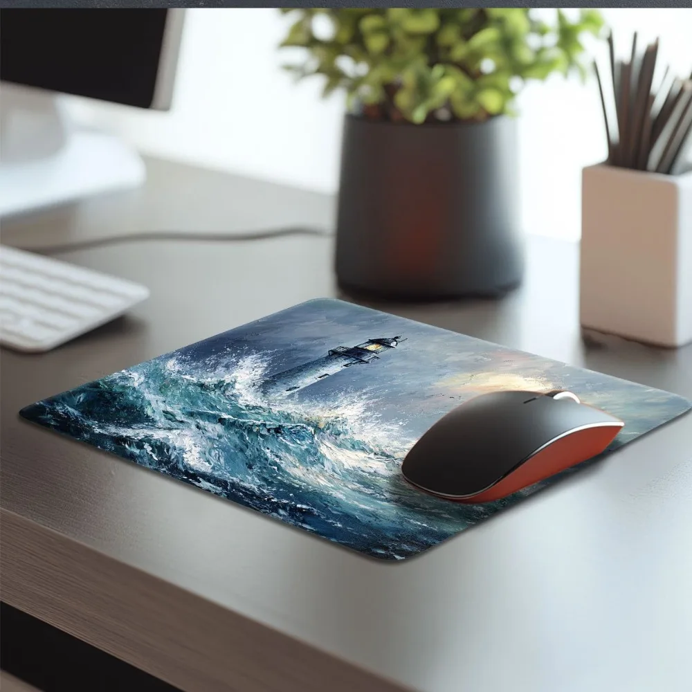 Impasto Oil Painting Lighthouse in Storm Large Mouse Pad, Non-slip Extended Gaming Desk Mat, Waterproof Keyboard Pad
