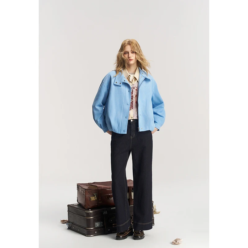 ELFSACK Women Vintage Wide‑Leg Denim Jeans, High‑Waist Loose Pants with Contrast Stitching Daily Wear