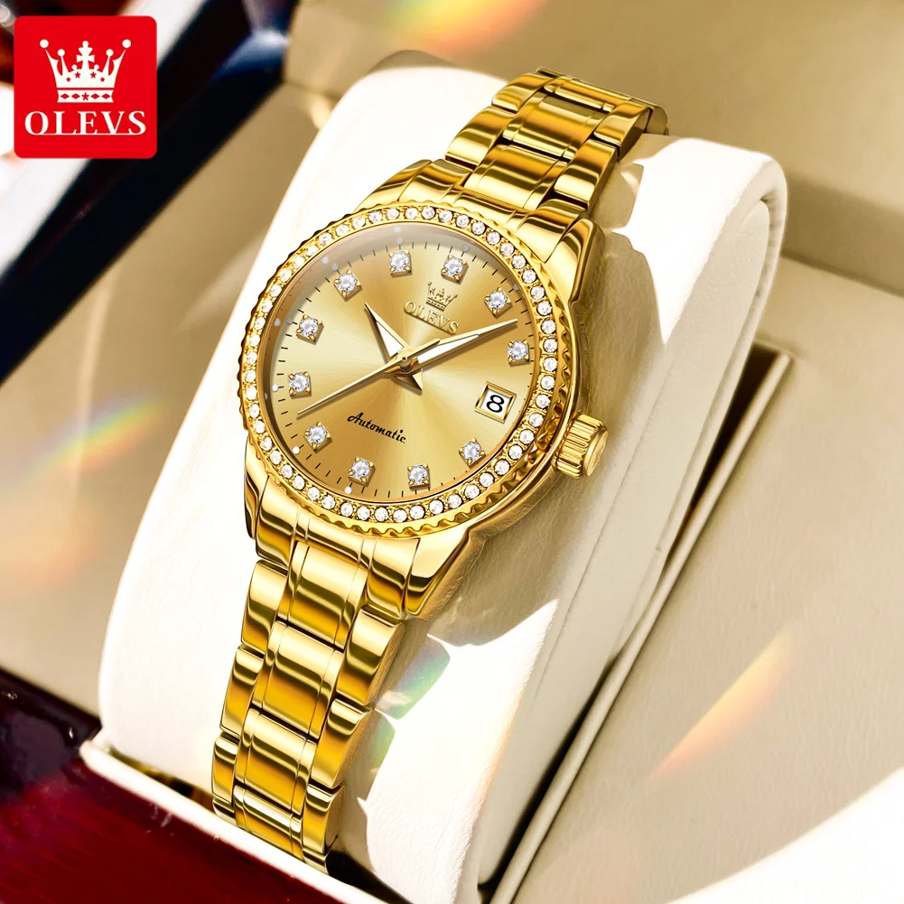 OLEVS 7003 Women's Diamond Watches Automatic Mechanical Gold Luxury Dress Classic Ladies Two Tone Stainless Steel Wrist Watches