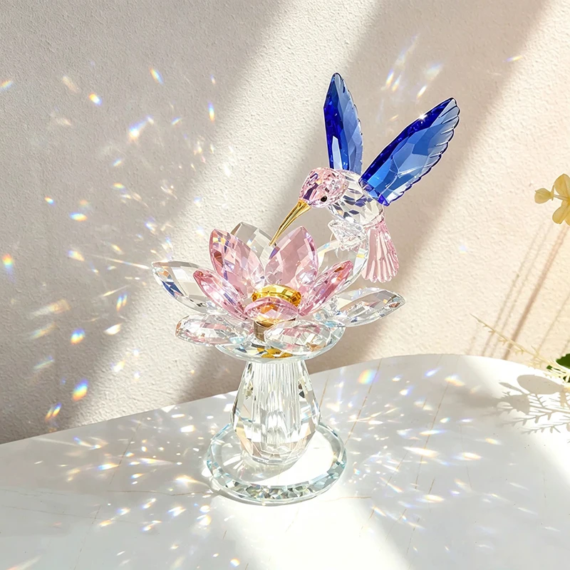 Rotating Lotus Hummingbird Ornament,Luxury Crystal Artworks,Bird Sculpture Decor,Crafts Desktop Decoration,Creative Art Gifts