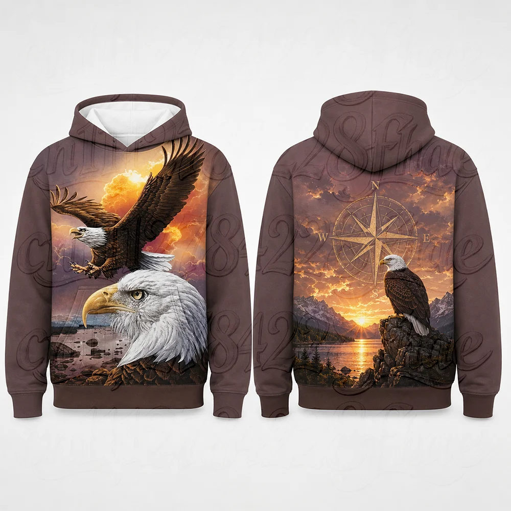 Men's 3D Eagle Compass Graphic Hoodies Vintage Patriotic Wilderness Sweatshirts Loose Casual Outdoor Travel Pullover Clothing