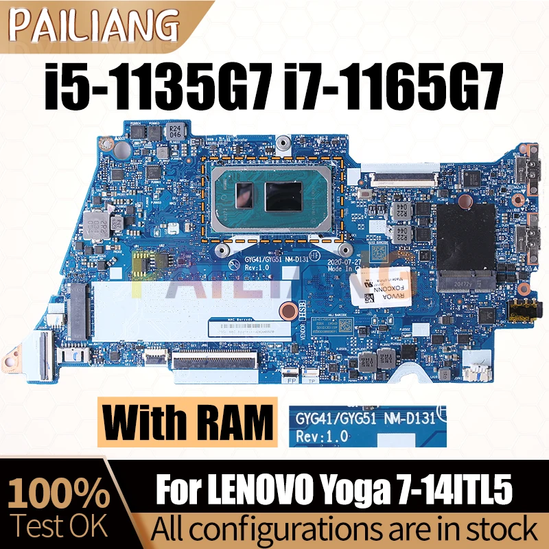 For LENOVO Yoga 7-14ITL5 Notebook Mainboard NM-D131 i5-1135G7 i7-1165G7 With RAM 5B20Z31000 Laptop Motherboard Full Tested