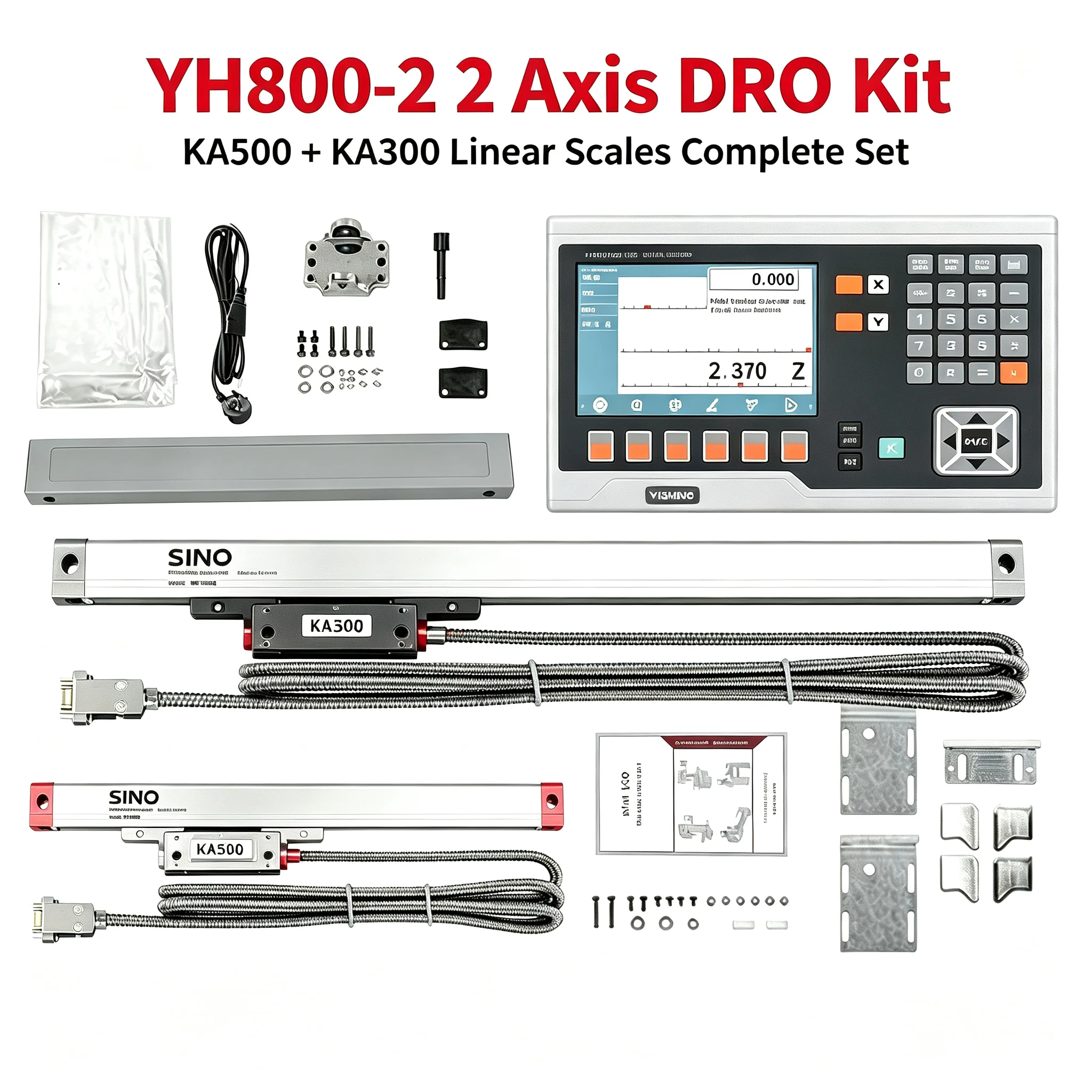 YH800-2 2 Axis DRO Digital Readout Kit KA300 KA500 Linear Scale 5um Precision LCD for Milling Lathe Machine Complete Set