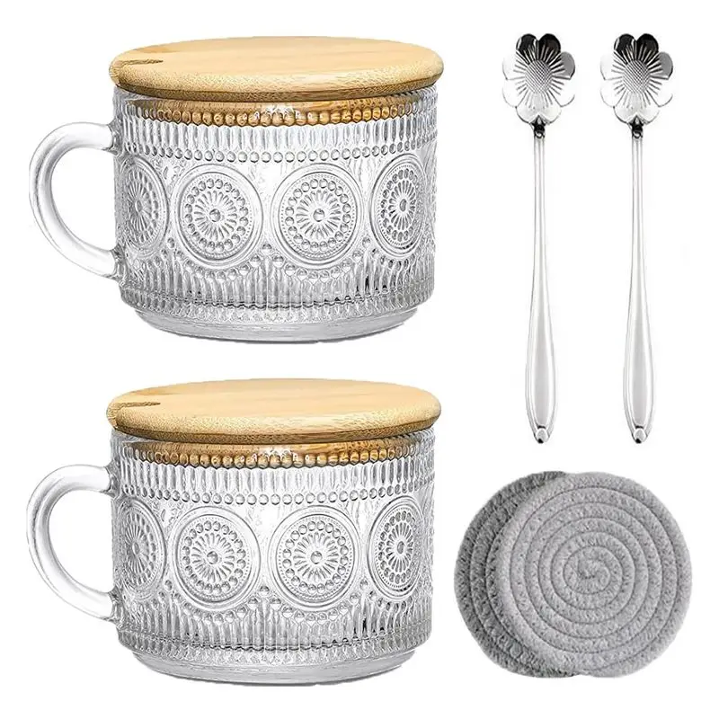 

ABHZ-Vintage Coffee Glass Mugs Set Of 2, Glass Coffee Tea Cups With Bamboo Lids, Coaster And Spoons,15Oz Clear Embossed 450ML B
