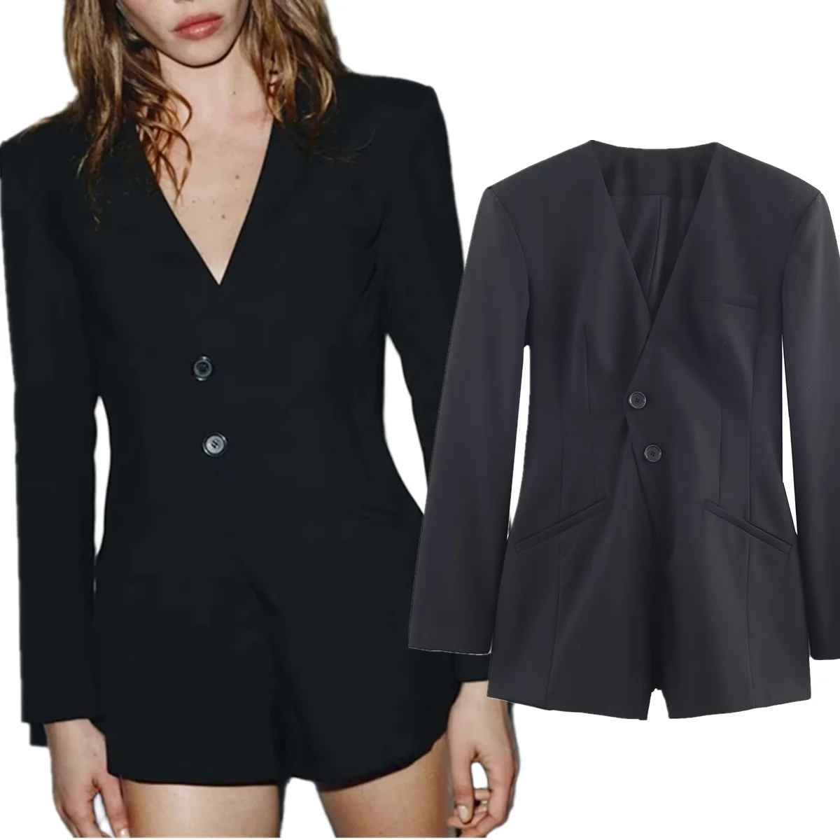 

Dave&Di Woman Clothing French Elegant Ins Fashion Blogger Black Playsuits Women Elegant Party Jumpsuit Blazer Bemuda Shorts Wome