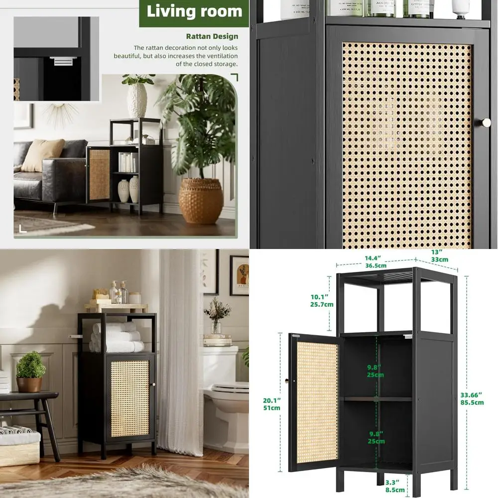 

Black Rattan Bamboo Cabinet with Door and Shelf, Compact Storage for Bathroom, Kitchen, and Living Spaces