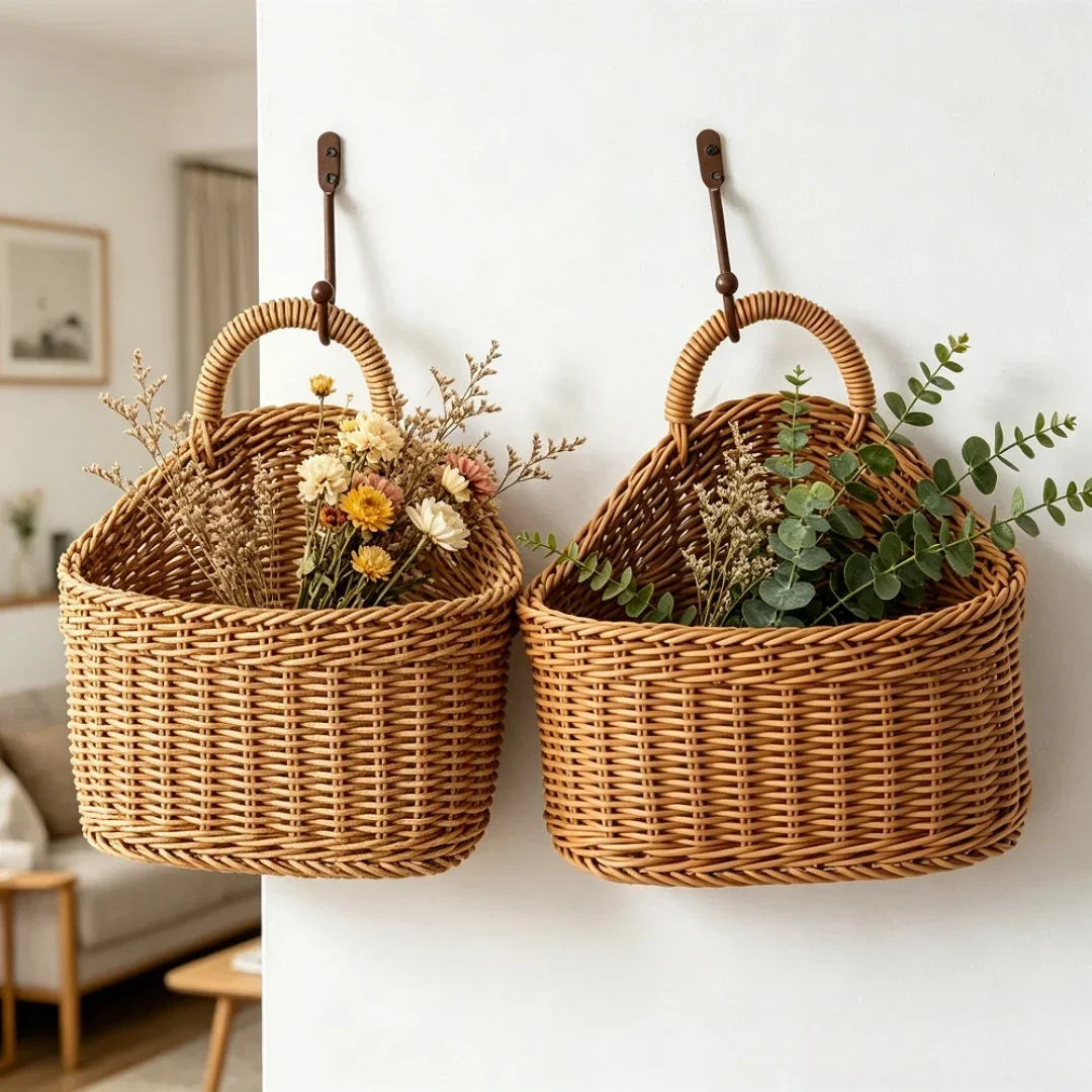 Handgewebter Hängender Rattan-Aufbewahrungskorb Weihnachtliche Wanddekoration Organizer für Küche Bad Kinderzimmer Schrank Café Blumentopf – Detail 6