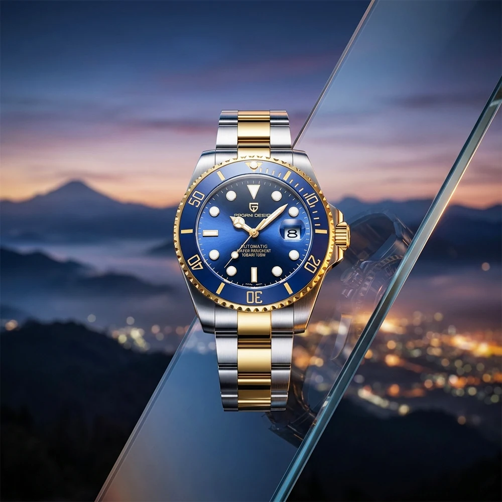 

PAGANI DESIGN Men Automatic Mechanical Watch Blue Dial 100M Waterproof Diver Watch Movement Stainless Steel Sport watch for man