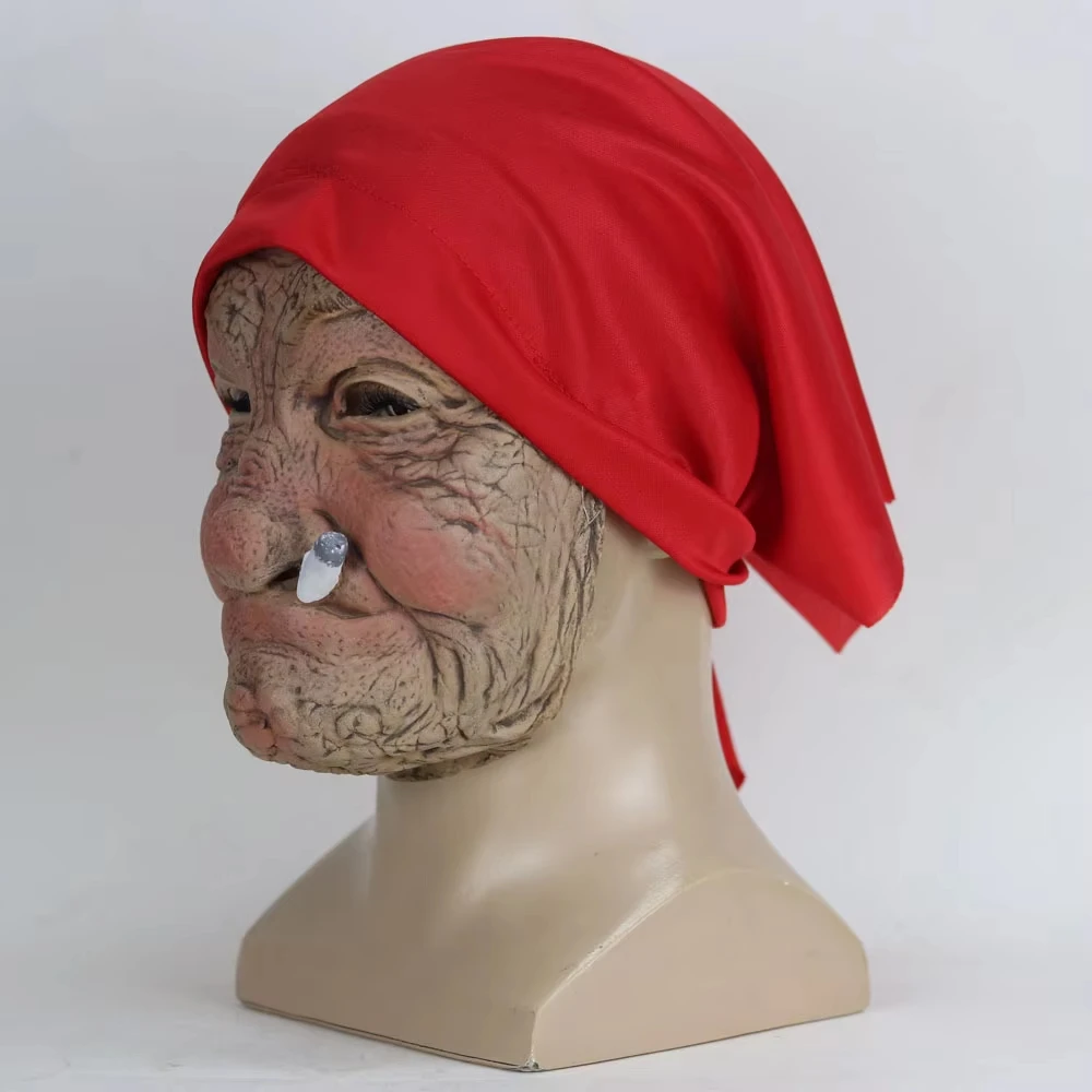 Funny Smoking Granny Old Nana Latex Mask Lady Grandma With Wrinkled Face and Red Scarf Masks Halloween Party Costume Props - view 2