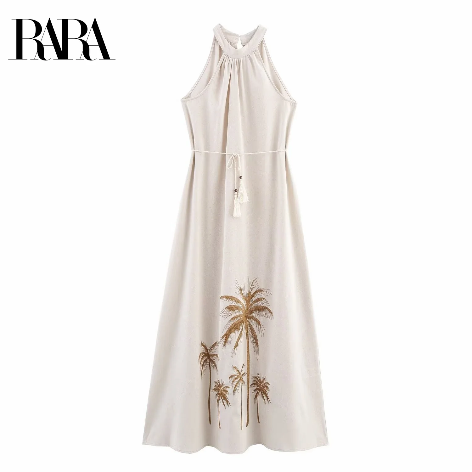 

RARA2025 new summer women's French retro temperament sleeveless slim fit tassel waist tie embroidered long dress