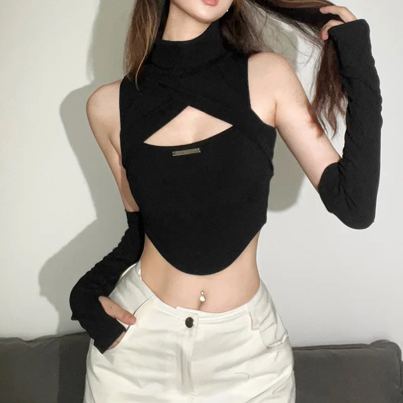 2025 New Vintage Sleeveless Tank Slim Y2k Tops Women Hollow Out Corset Rave Outfits Turtleneck Cami Verano Cuff Ropa De Mujer