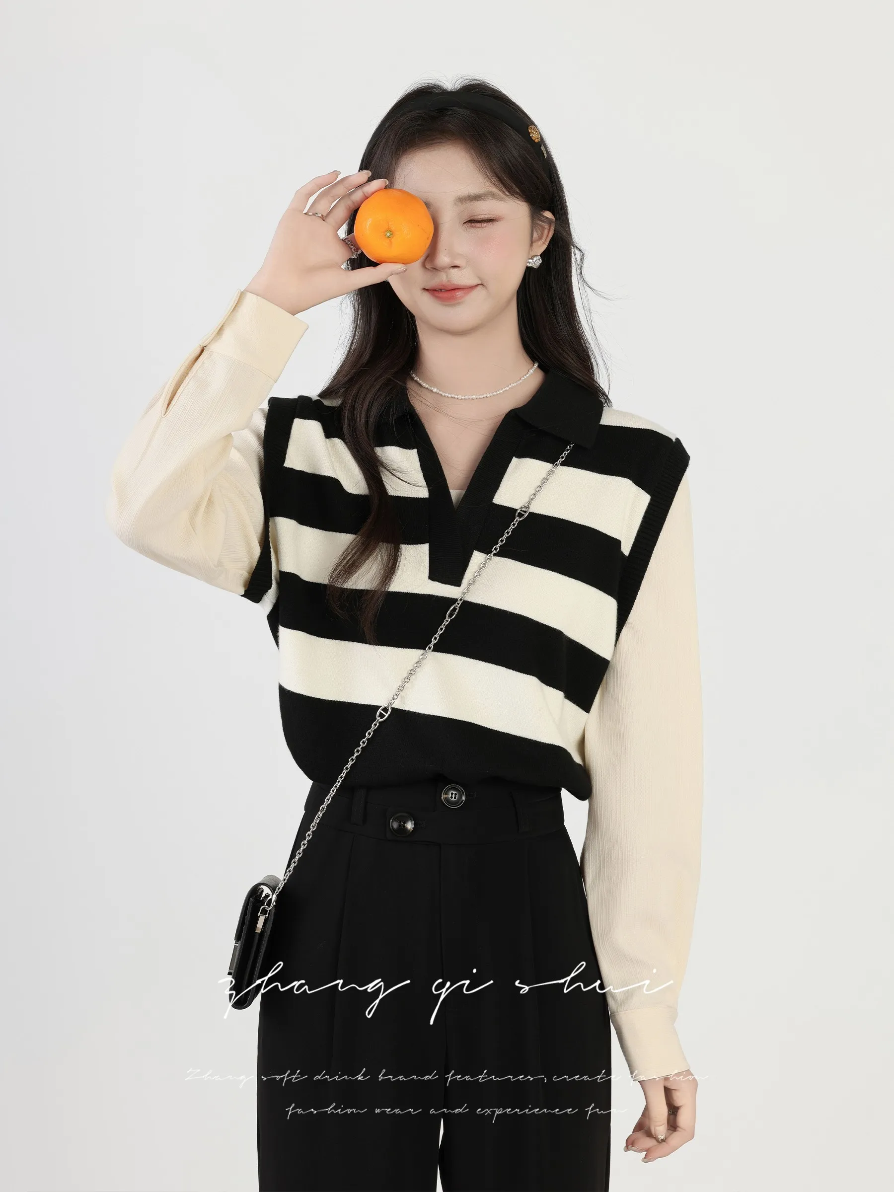 

Свободный длинный полосатый топ с длинными рукавами для женщин, комплект из двух предметов, привлекательный, для ранней осени, новинка, персиковый цвет, блузка для женщин