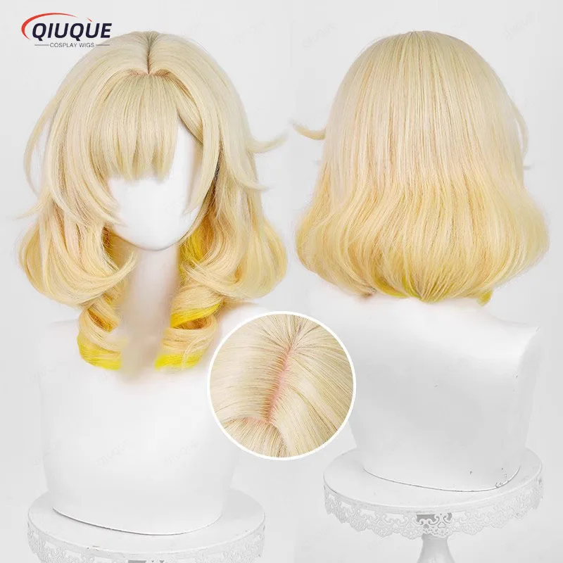 Aglaea Cosplay perruque courte bouclée lumière dorée dégradé jaune perruque résistant à la chaleur cheveux synthétiques Halloween perruques + bonnet de perruque