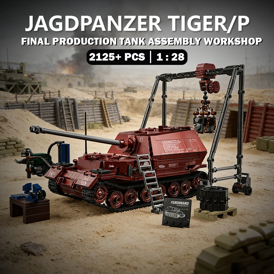 

Military WW2 Ferdinand Jagdpanzer Final Production Tiger Tank Assembly Workshop Soldiers Building Blocks Bricks Toys Kids Gifts