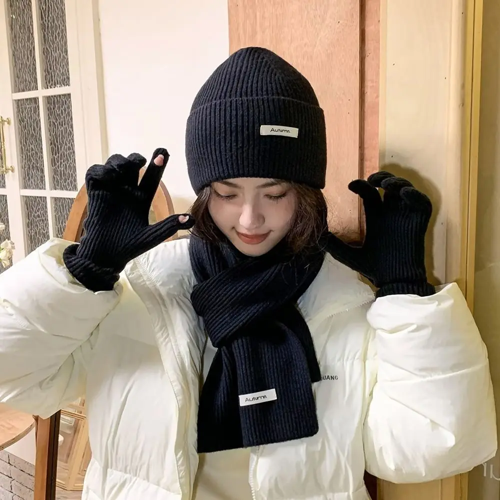 Solid Color Hat Scarf Gloves Set Warm Wool Thermal Knit Cap Fashion Touch Screen Winter Beanie Hat Cold Weather