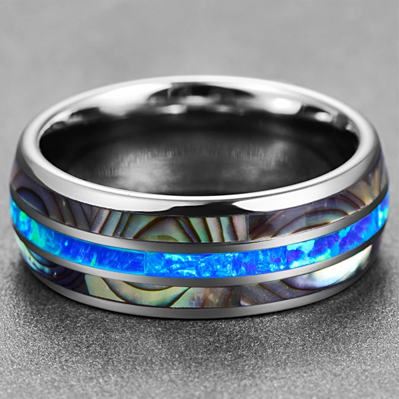 Nuncad 8mm Blue Opal Tungsten Carbide Rings Inlaid Natural Shells Anniversary Party Jewelry Gift Silver Color Rings T151R